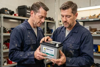 Technicien automobile tenant une batterie de voiture moderne dans un atelier de réparation en 2026