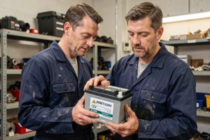 Technicien automobile tenant une batterie de voiture moderne dans un atelier de réparation en 2026