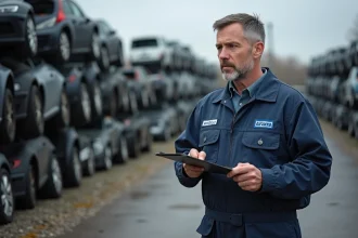 Technicien automobile en uniforme dans une casse auto de l'Essonne examinant des documents VHU