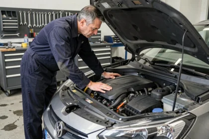 Technicien automobile inspectant le moteur 1.5 BlueHDi 130 dans un atelier de mécanique professionnel