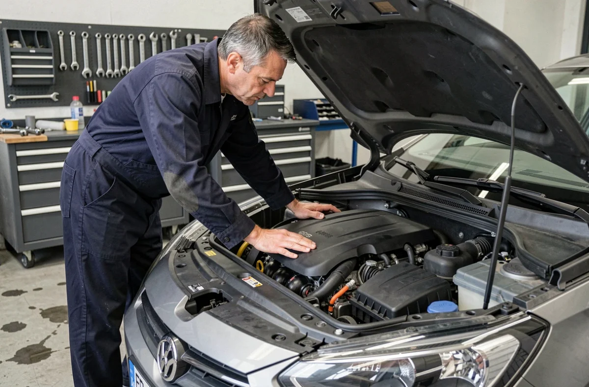 Technicien automobile inspectant le moteur 1.5 BlueHDi 130 dans un atelier de mécanique professionnel