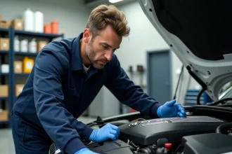 Technicien automobile inspectant le moteur B47 BMW dans un garage professionnel