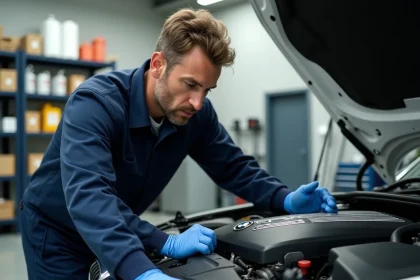 Technicien automobile inspectant le moteur B47 BMW dans un garage professionnel