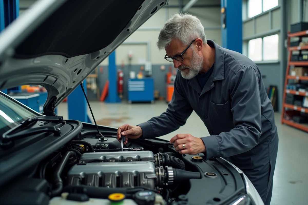 Technicien automobile inspectant le moteur essence d'une Peugeot 2026 dans un garage professionnel avec outil de diagnostic