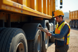 Mecanicien en gilet haute visibilite inspectant systeme hydraulique d'un camion benne en plein jour