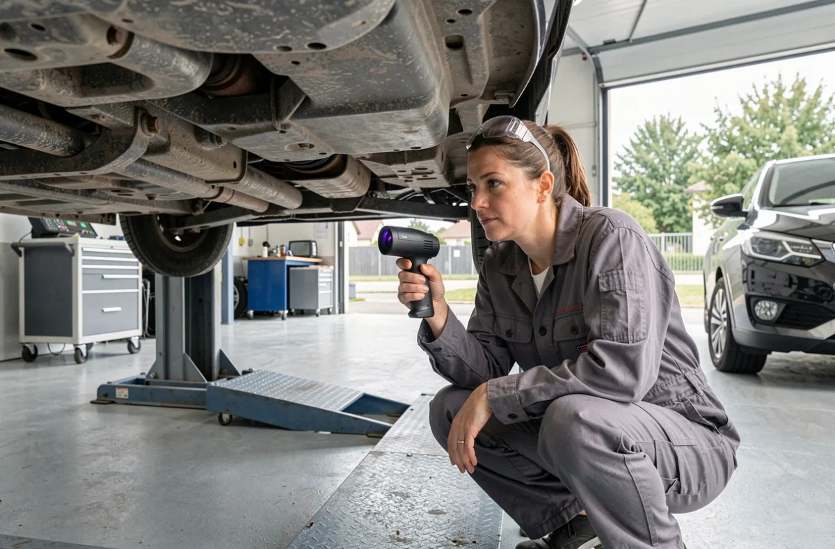 Technicienne automobile inspectant le dessous d'un véhicule sur un pont élévateur dans un garage professionnel du Val-de-Marne