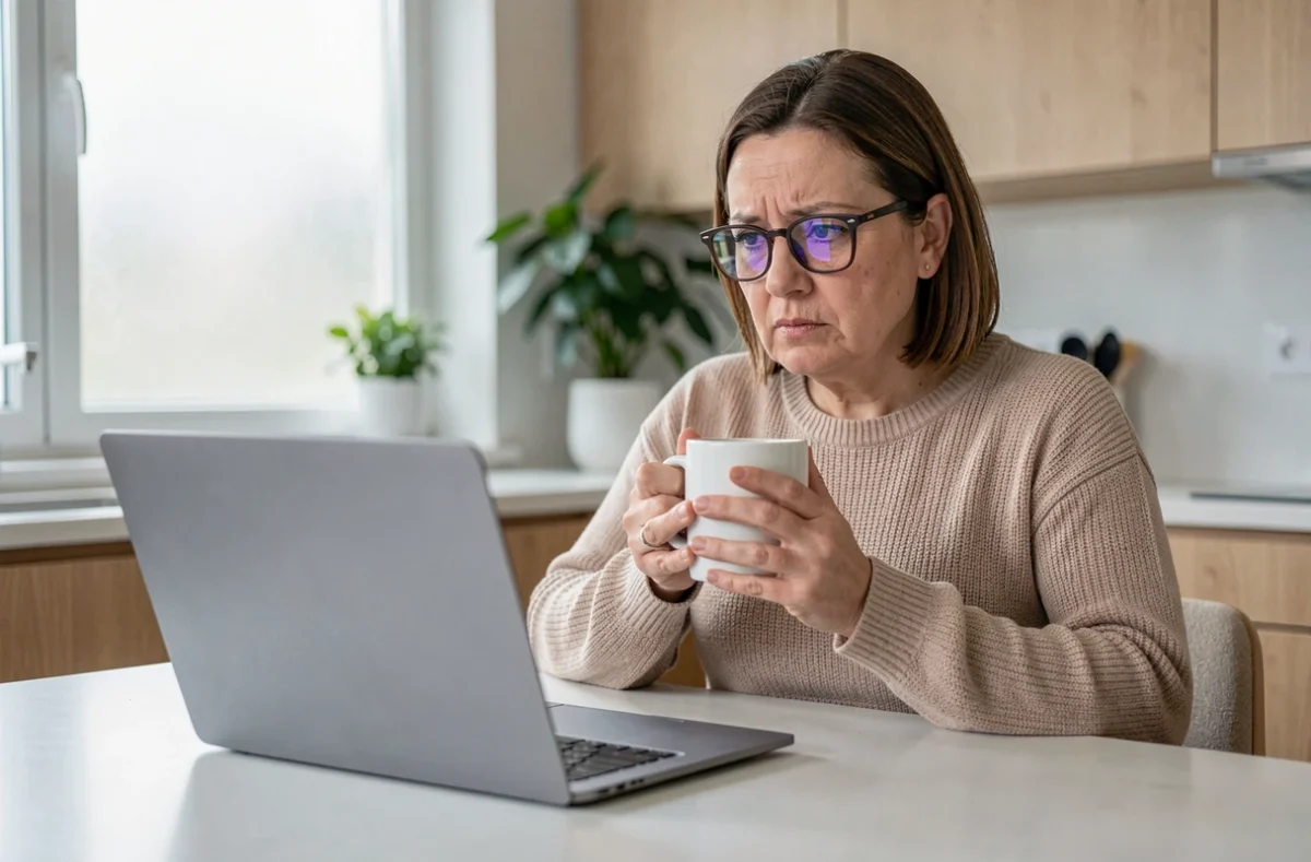 Femme téléspectatrice lisant les premières réactions sur le nouveau présentateur de Turbo M6 depuis sa cuisine moderne