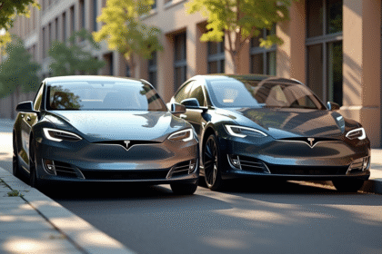 Tesla Model S ancienne et neuve en extérieur ensoleille