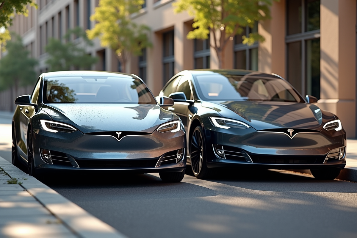 Tesla Model S ancienne et neuve en extérieur ensoleille
