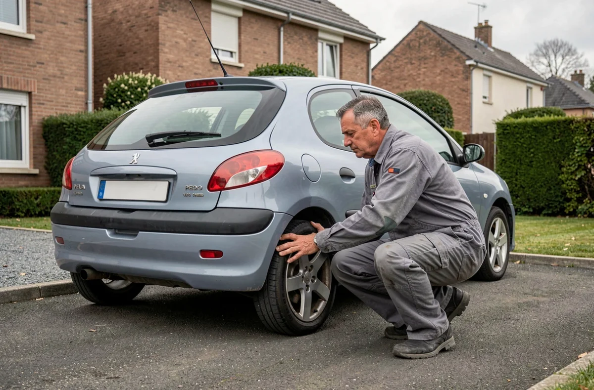 Mécanicien testant le rebond de la suspension arrière d'une Peugeot 206 dans une allée résidentielle pour identifier un claquement