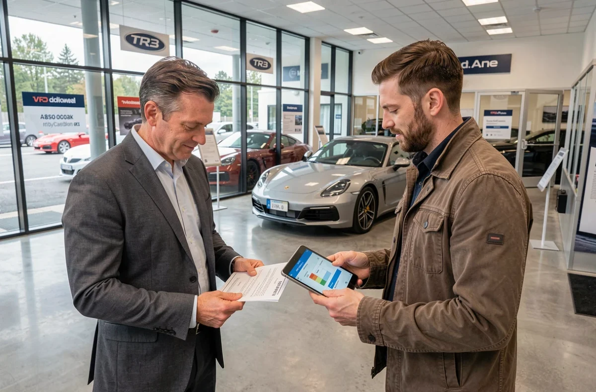 Vendeur et acheteur discutant du prix et des frais d'une TR3 dans une concession automobile moderne
