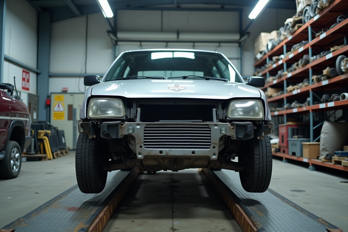 Véhicule hors d'usage sur un pont élévateur dans un garage de recyclage automobile agréé VHU