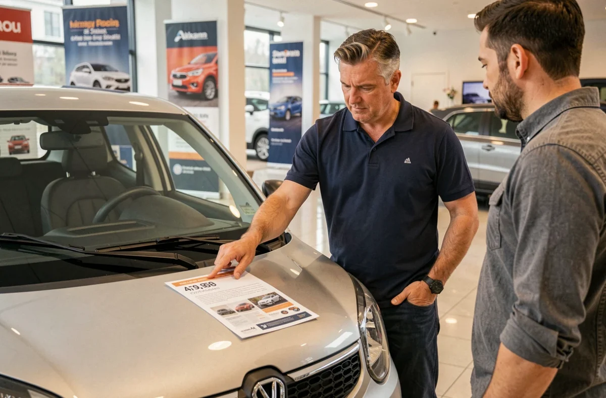 Vendeur expliquant le prix d'une Aixam neuve à un client dans un showroom automobile