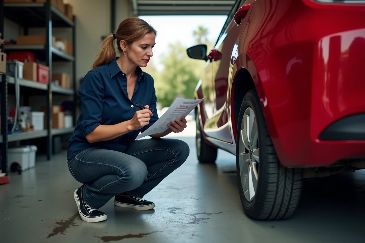 Femme examinant le dessous d'une voiture essence avec un rapport d'historique véhicule dans un garage avant achat