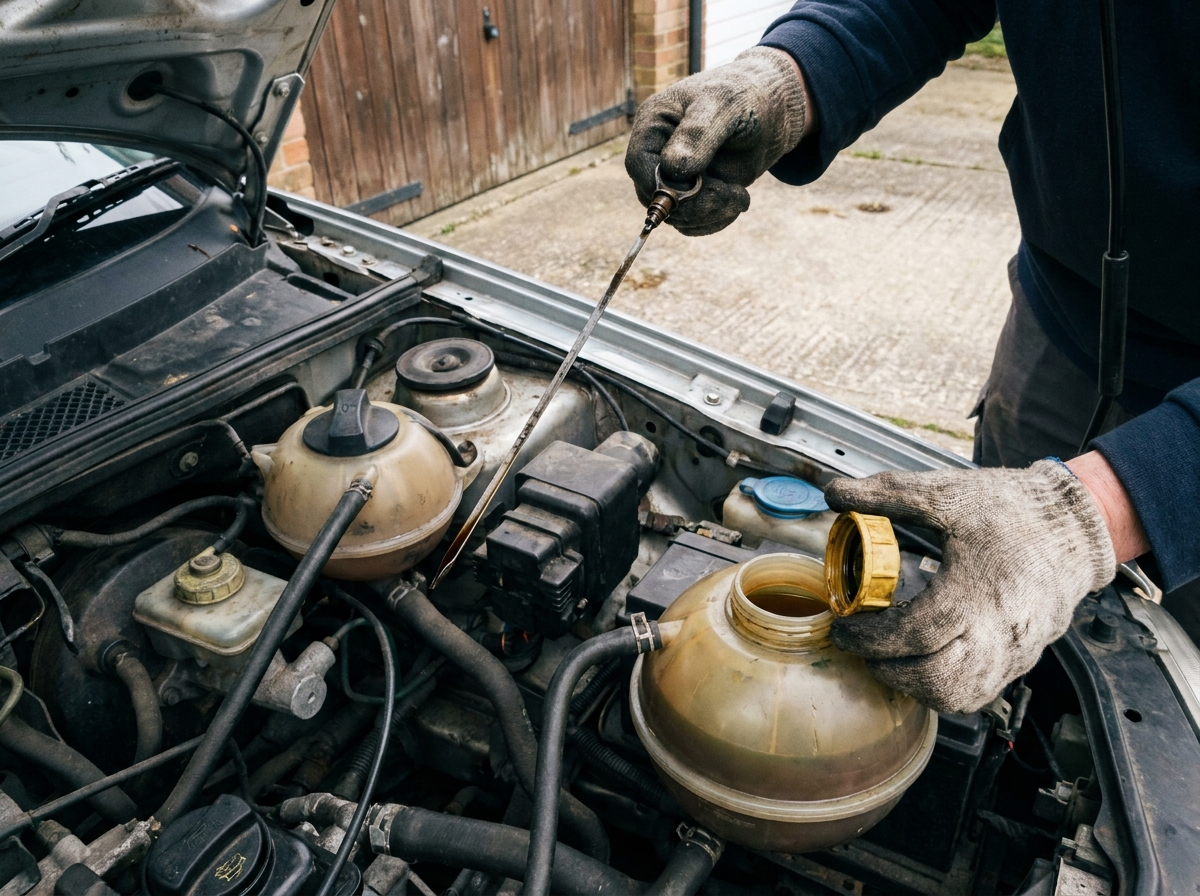 Vérification du niveau d'huile moteur et du liquide de refroidissement dans le compartiment moteur d'une vieille voiture