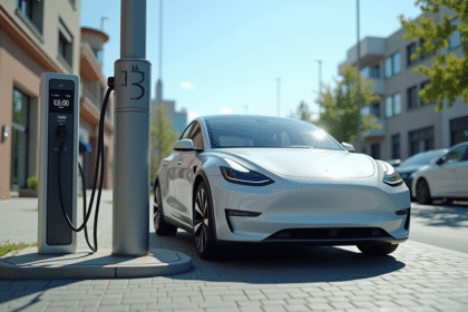 Voiture électrique moderne en charge dans la ville