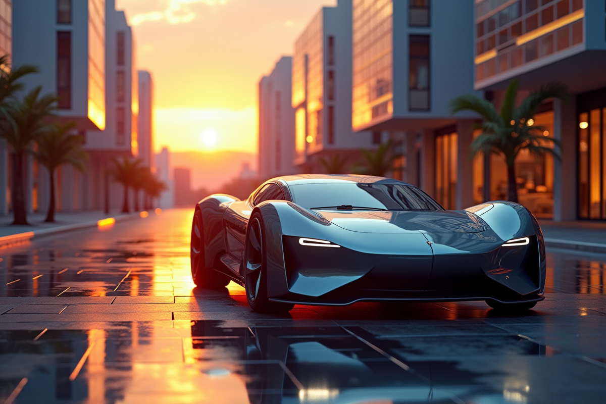Voiture électrique futuriste sur une ville moderne au coucher du soleil