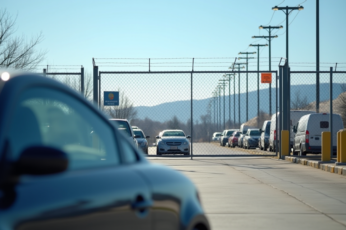 Voiture vide devant un portail de fourrière officielle