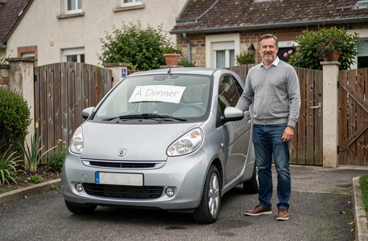 Particulier proposant une voiture sans permis à donner devant une maison avec panneau à donner