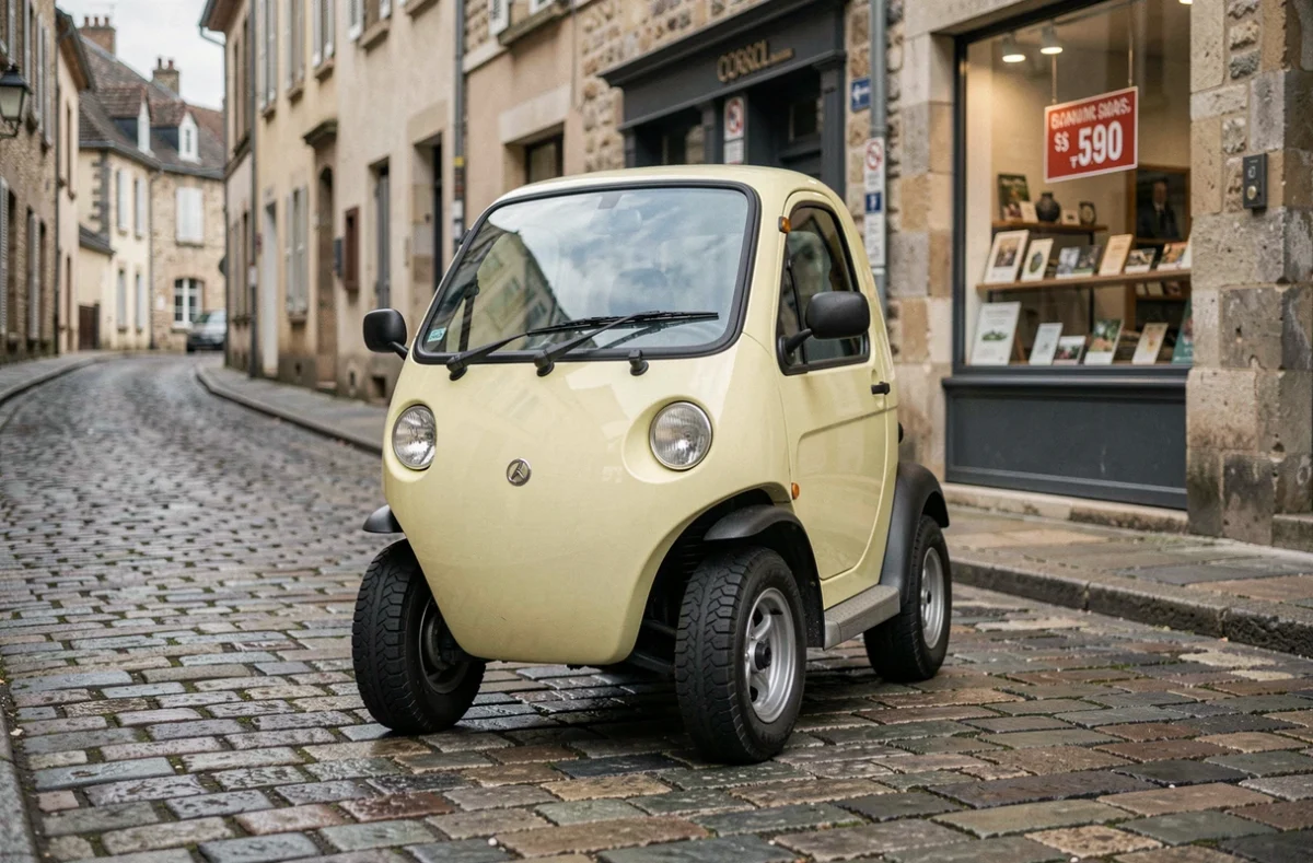 Petite voiture sans permis jaune garée devant une concession automobile dans une rue pavée de ville française