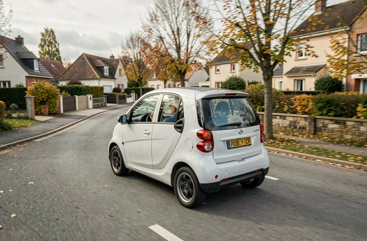 Voiture sans permis neuve conduite sur une route de banlieue résidentielle en France
