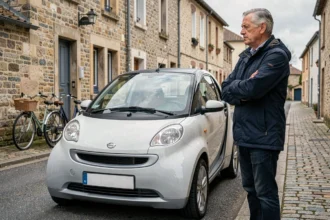Homme d'une cinquantaine d'années examinant une voiture sans permis Ligier garée dans une rue pavée d'un village français