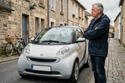 Homme d'une cinquantaine d'années examinant une voiture sans permis Ligier garée dans une rue pavée d'un village français