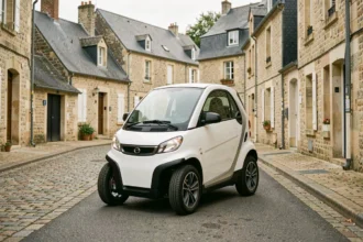 Voiture sans permis blanche garée dans une rue pavée de Cholet avec des bâtiments en pierre typiques de la région