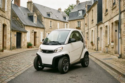 Voiture sans permis blanche garée dans une rue pavée de Cholet avec des bâtiments en pierre typiques de la région