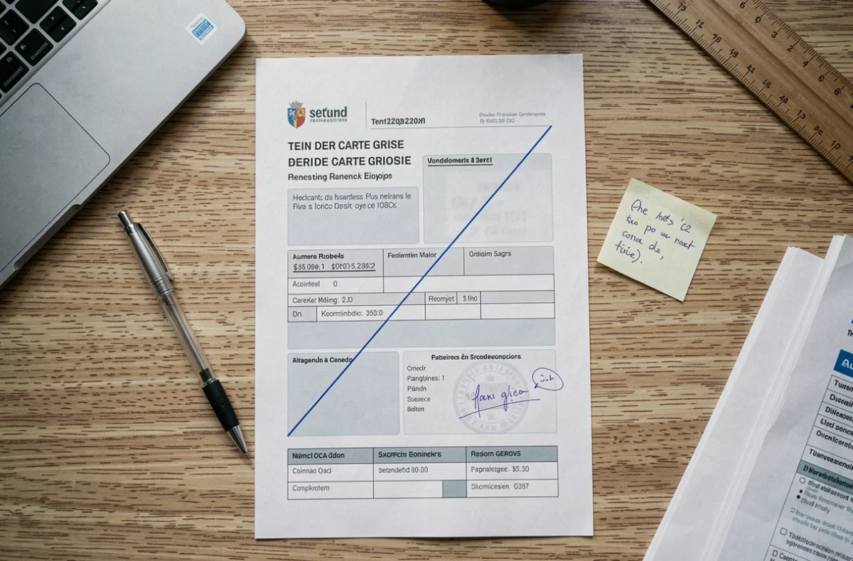 Vue aérienne d'une carte grise rayée posée sur un bureau en bois avec un stylo et des notes administratives
