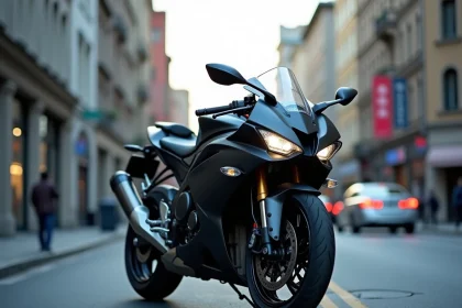 Yamaha R7 garée en milieu urbain, vue 3/4 avant mettant en valeur le carénage et le réservoir, photographie éditoriale réaliste