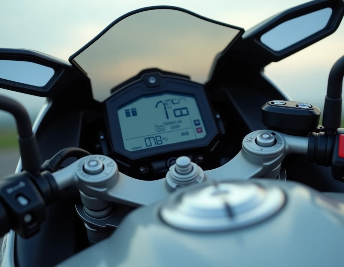 Tableau de bord numérique de la Yamaha R7 affichant la jauge de carburant et le compteur kilométrique, détail du cockpit en gros plan